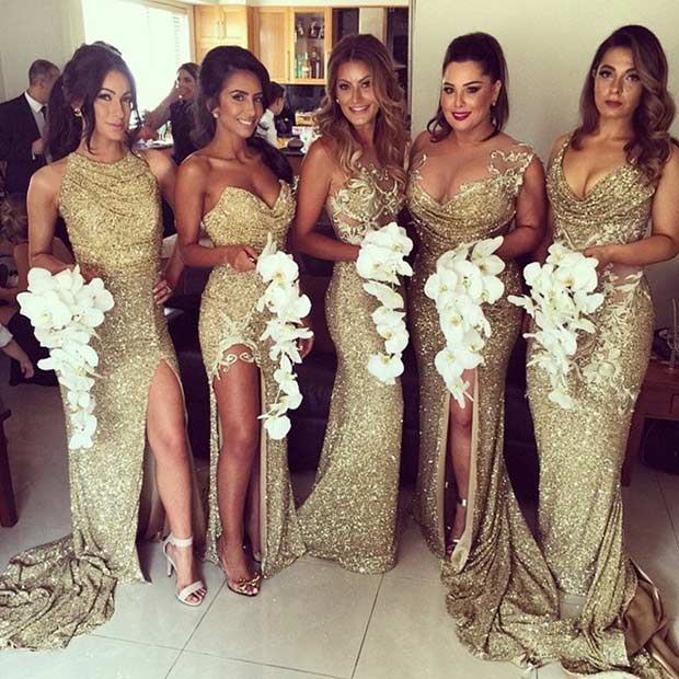 Gold Sequin Mismatched Dresses for Bridesmaids