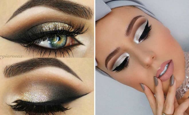Glamorous New Year’s Eve makeup with bold eyeshadow, dramatic eyeliner, and elegant headscarf styling.