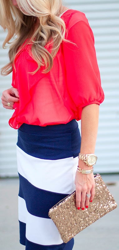Red Blouse + White & Blue Striped Skirt