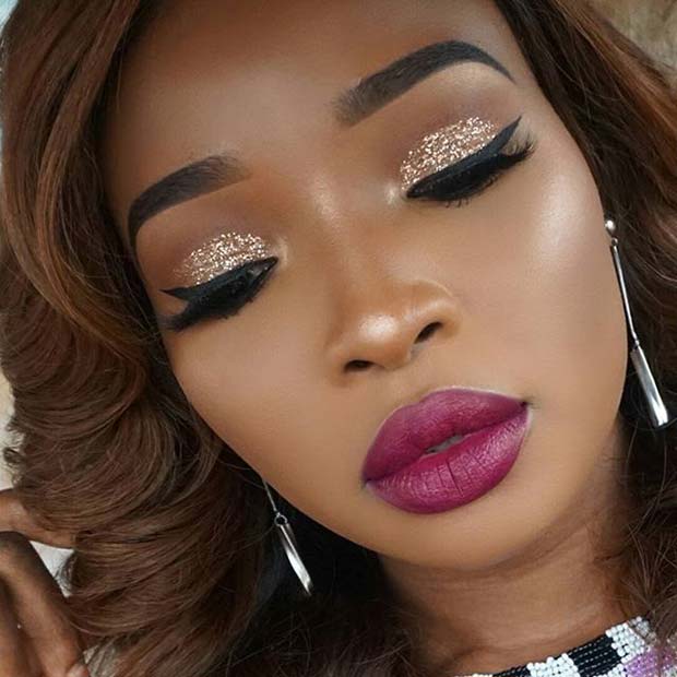 Gold Glitter Eyes and Bold Lips