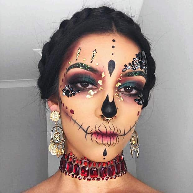 Glitzy Skull Makeup with Rhinestones