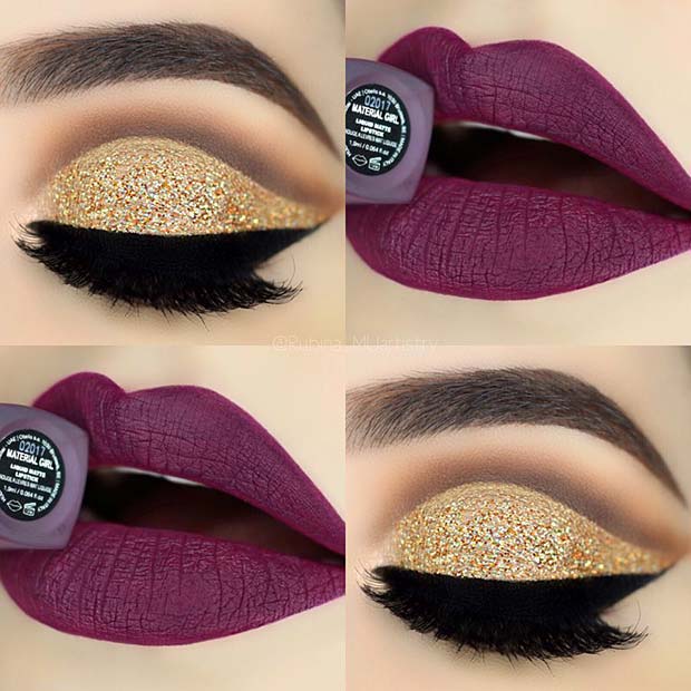 Gold Glitter Eyes and Purple Lips