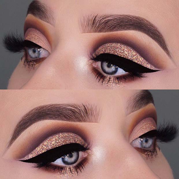 Gold Glitter Eyes with Bold Eyeliner