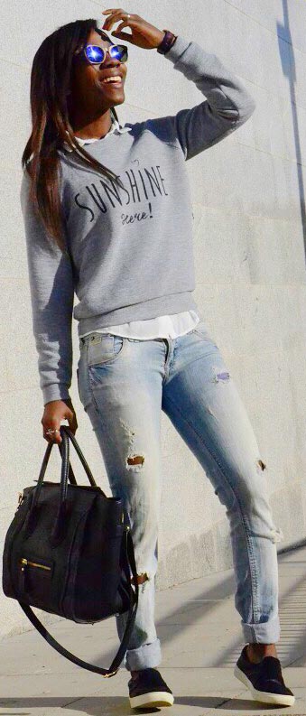 Grey Sweater Ripped Jeans Outfit