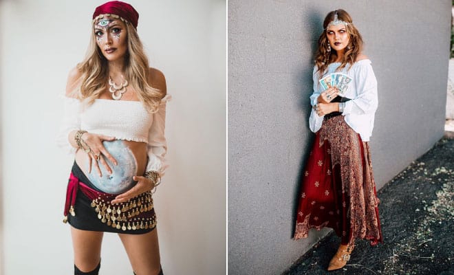 Boho gypsy Halloween costume ideas with mystical accessories, jewelry, crystal ball, and tarot cards.