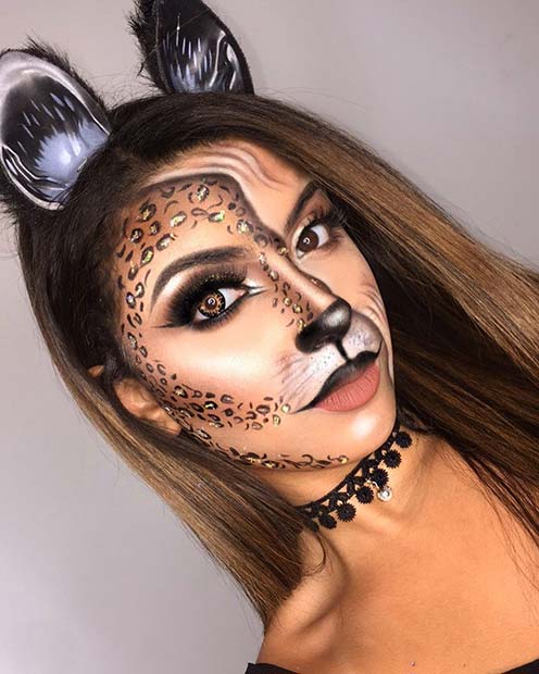Half Feline Cat Makeup for Halloween