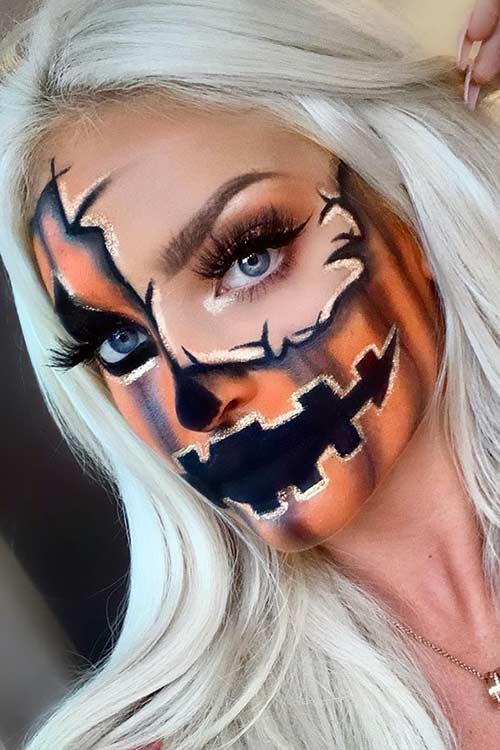 Half Pumpkin Halloween Makeup