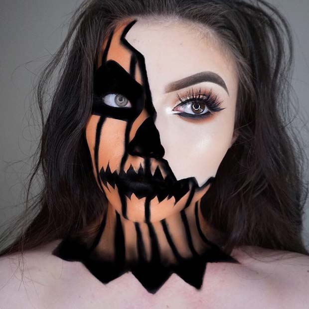 Half Pumpkin Makeup for Halloween