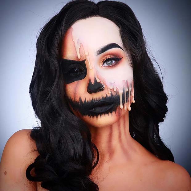 Half Pumpkin Makeup with Drips