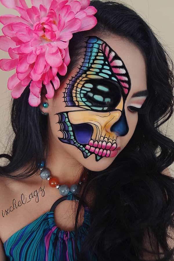 Half Skull Butterfly Illusion Makeup