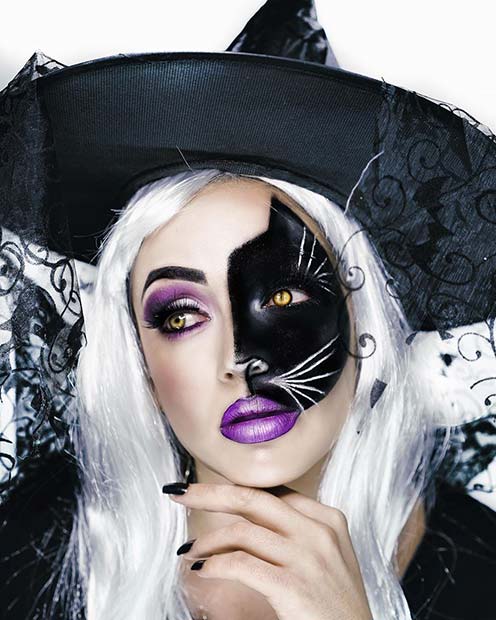 Half Witch Half Cat Makeup Look