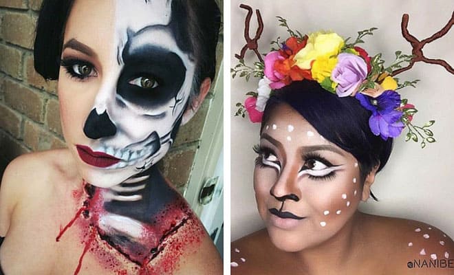 Creative Halloween makeup ideas featuring skull face paint and a whimsical deer fawn look for women.