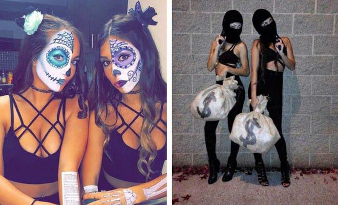Creative Halloween costume ideas for best friends, featuring Day of the Dead and robber themes.