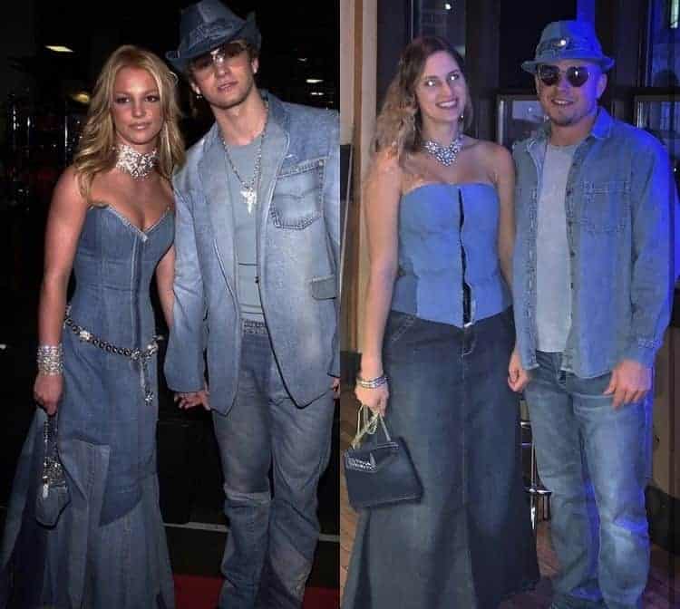 Couples in matching denim outfits inspired by Britney Spears and Justin Timberlake Halloween costume.