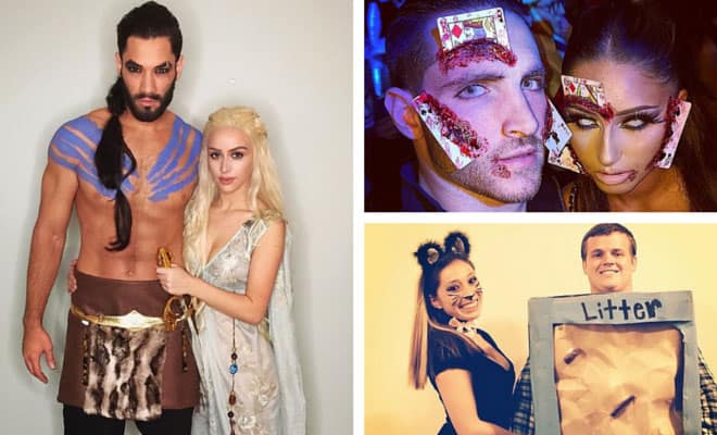 Creative Halloween couples costume ideas featuring mythological, glam, and funny cat and litter box outfits.