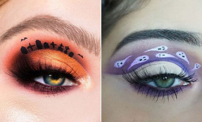 Halloween eye makeup with spooky gravestone and bat design, and purple ghost-themed artistry for costumes.