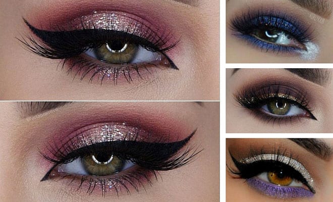 Glittery holiday eye makeup looks with bold lashes, shimmery eyeshadows, and vibrant festive colors.