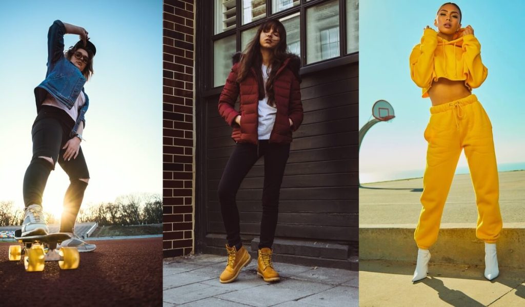 Trendy streetwear fashion looks for women featuring denim, puffer jackets, and bold yellow tracksuits.