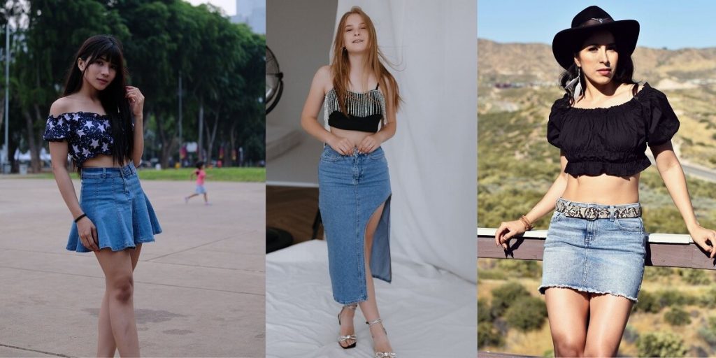 Three women model trendy denim skirt outfits: casual, chic, and bohemian styles for inspiration.