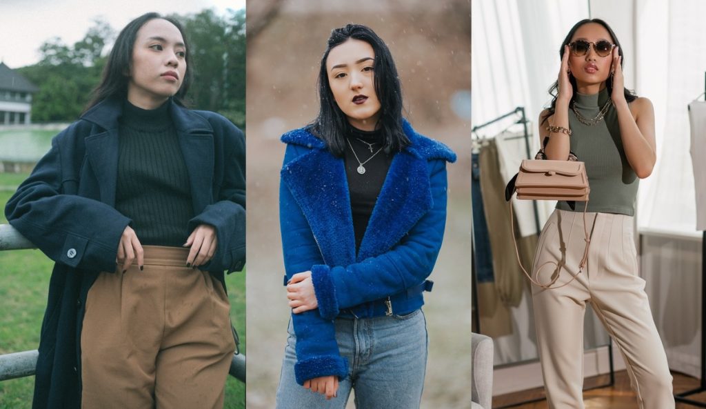 Three women showcase trendy turtleneck outfits styled for fall, winter, and spring fashion inspiration.