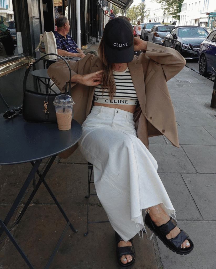 Chic woman in Celine outfit at city café, enjoying iced coffee with luxury handbag.