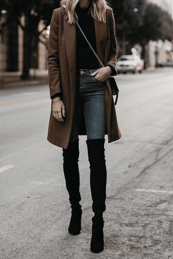 Stylish woman in brown coat and over-the-knee boots on a trendy city street.
