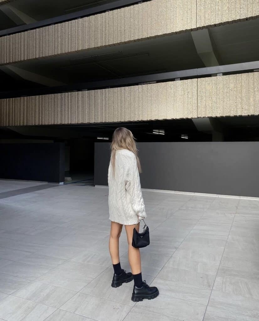 Sweater dress with lug-sole shoes