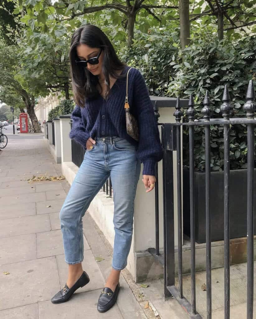 Oversized sweater, jeans, and loafers
