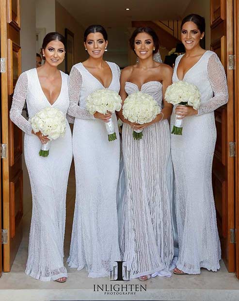 White Long Sleeved Bridesmaid Dresses