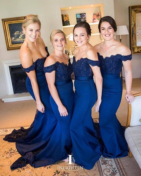 Long Blue Off The Shoulder Bridesmaid Dresses