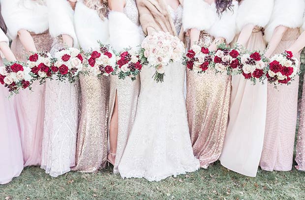 Winter Bridesmaids Sequin Dresses White Fur Shawls