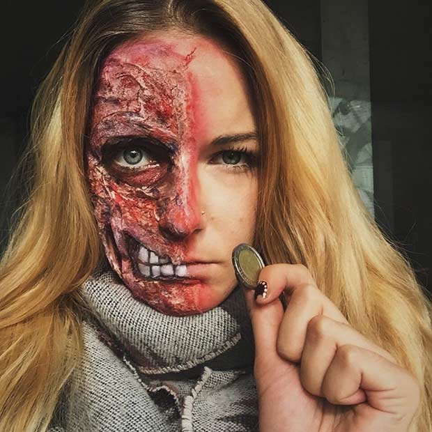 Half Burned Face Gore Halloween Makeup Look