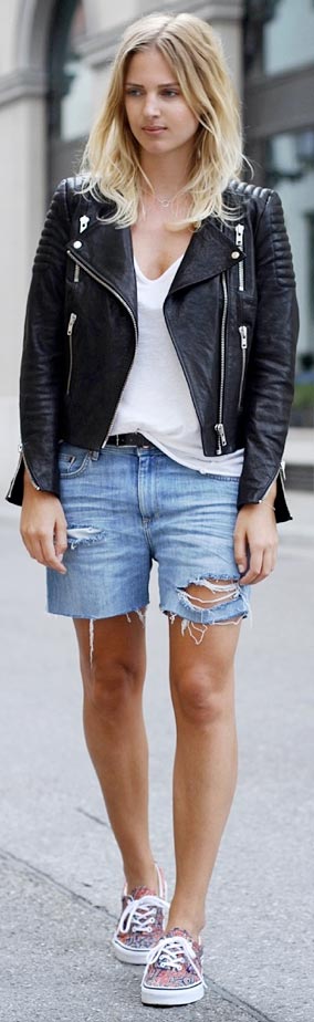 Leather Jacket Denim Shorts Outfit