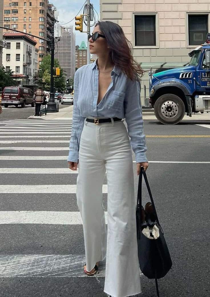 Light Blue Shirt, White Pants