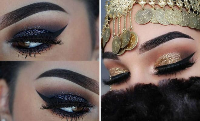 Dramatic blue and gold eye makeup ideas for brown eyes with glitter and bold eyeliner.