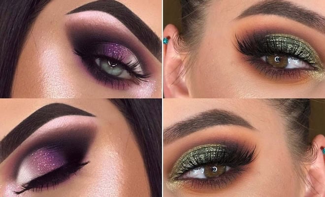 Fall and winter eye makeup ideas with bold smoky, shimmer, natural, and green eyeshadow looks.
