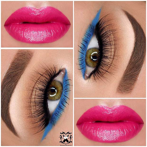 Blue Eyeliner and Pink Lip Color for Summer Makeup Ideas