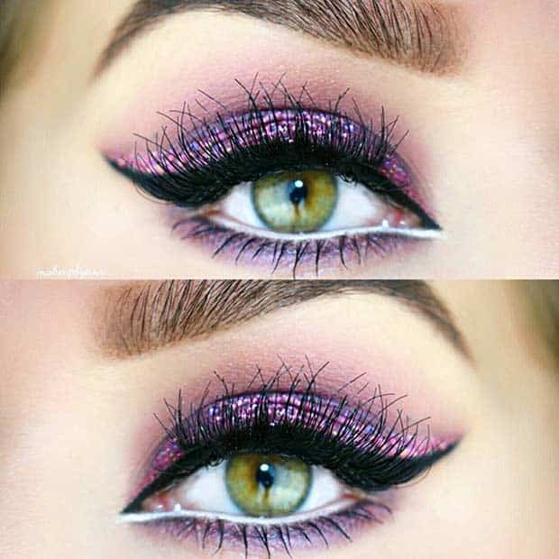Purple Glitter Eye Makeup Look for Green Eyes