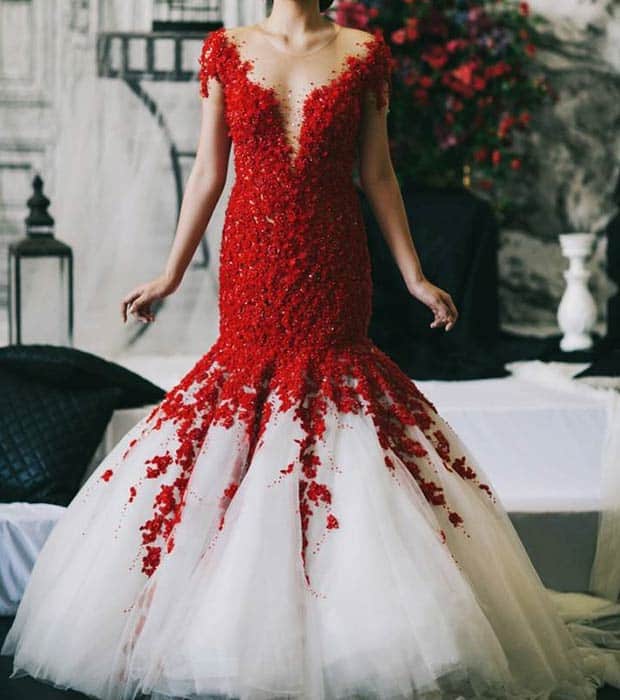 Red and White Mermaid Wedding Dress
