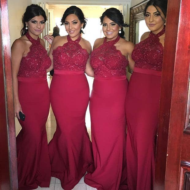 Long Lace Burgundy Dresses for Bridesmaids