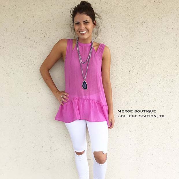 Pretty Pink Top and White Jeans Outfit Idea