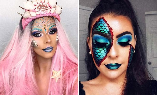 Creative mermaid makeup ideas featuring fantasy sea-inspired looks with vibrant colors, scales, and seashell crowns.