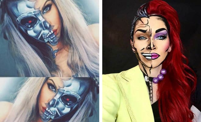 Creative Halloween makeup ideas featuring a robotic skull design and bold comic book style face paint.