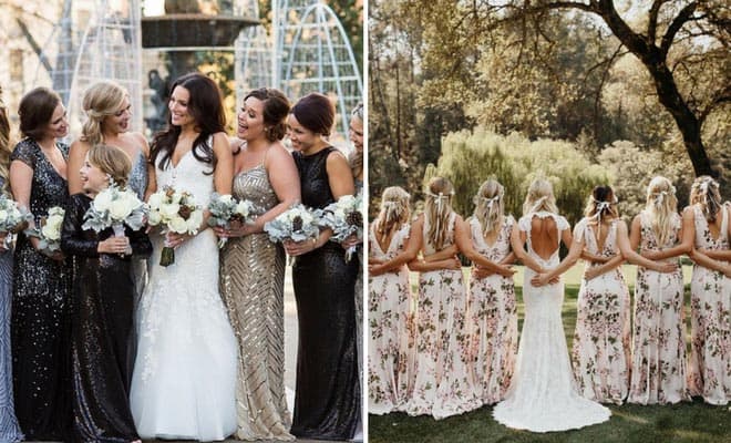 Elegant spring bridesmaid dresses in floral prints and glamour styles at an outdoor wedding celebration.