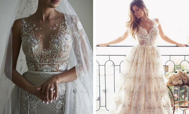 Elegant bridal gowns with lace embroidery and floral patterns, perfect for modern and traditional weddings.