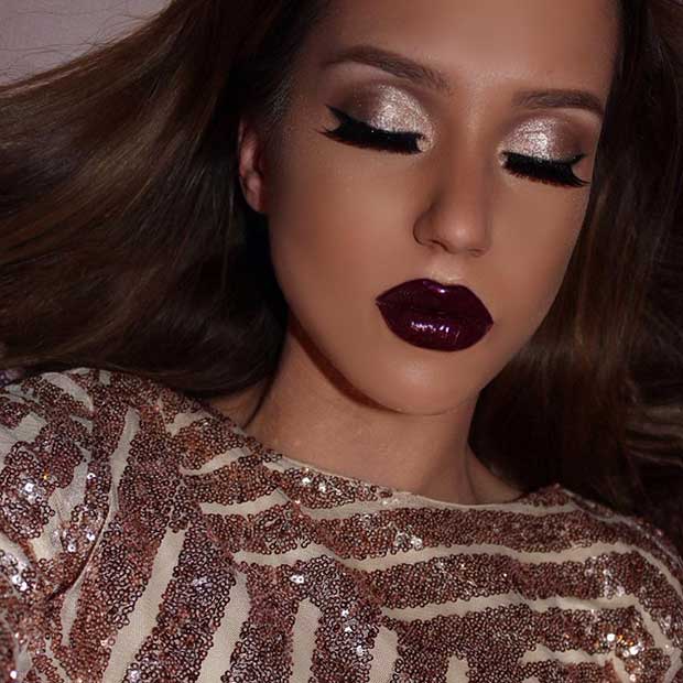Silver Eyes and Dark Plum Lips Makeup Look for Holidays