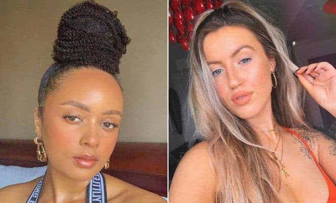 Two women with natural makeup, showcasing diverse hairstyles and glowing skin, modern beauty inspiration.