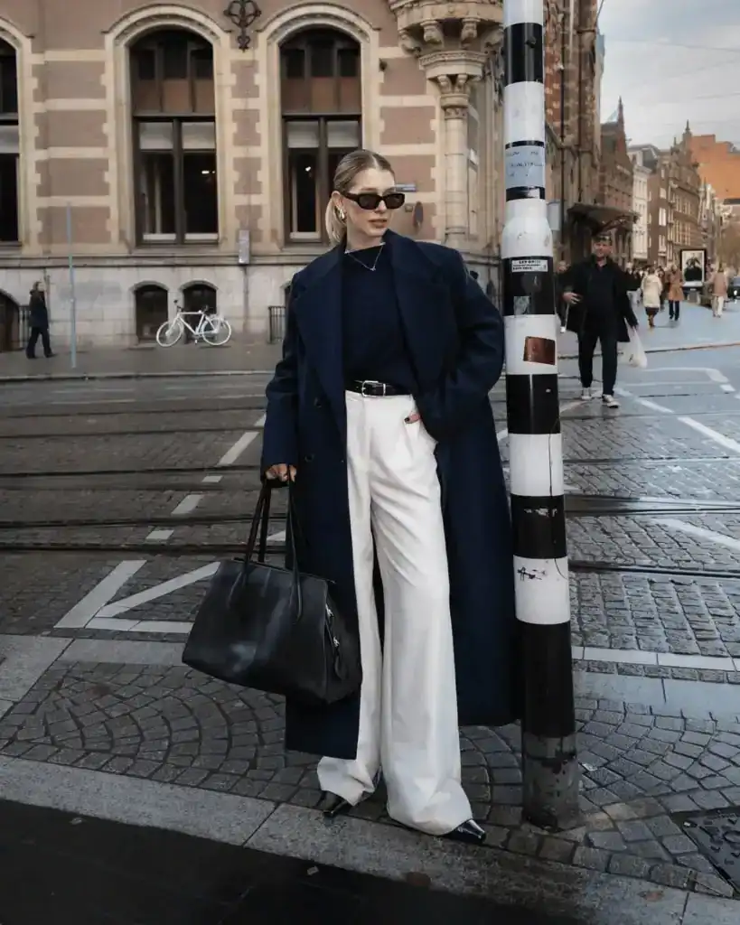 Navy blue coat and white trouser old money outfit