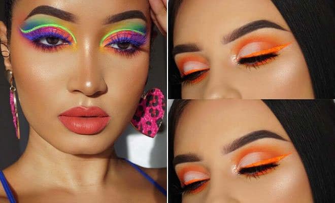 Bold neon rainbow eye makeup with orange eyeliner and leopard print earrings for summer beauty inspiration.