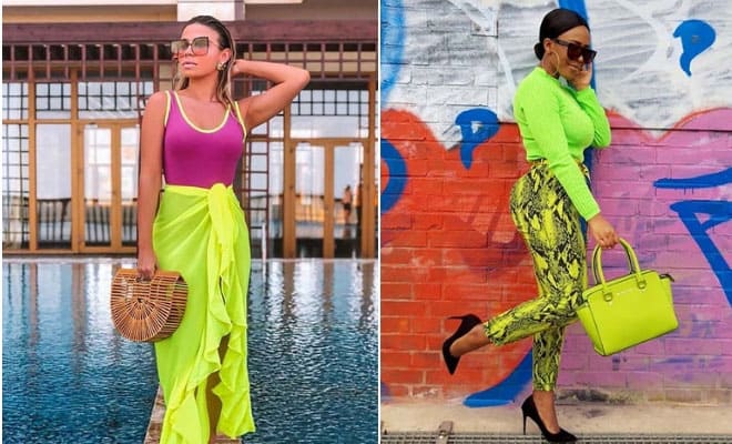 Neon outfit ideas for summer featuring trendy pink, lime green, and snake print fashion looks.